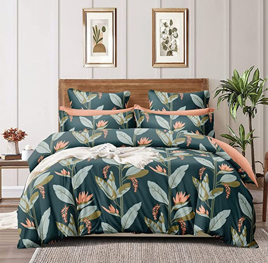 TIB  Glace Cotton AC Comforter Set King Size Single Bed with 1 Elastic Fitted King Size bedsheet-36x78 inch and One Pillow Covers (Pack of 3) Green Leaves